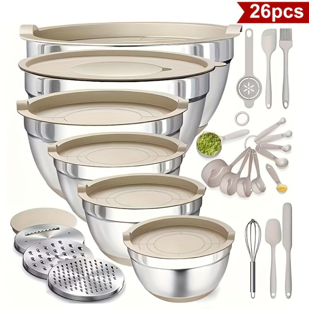Stainless Steel Mixing Bowls with Airtight Lids 26pcs Set, 3 Grater Attachments, Non-Slip Bottoms, 7Qt 4Qt 2.5Qt 2Qt 1.5Qt 1Qt, Nesting Bowls for Mixing Serving Salad Baking