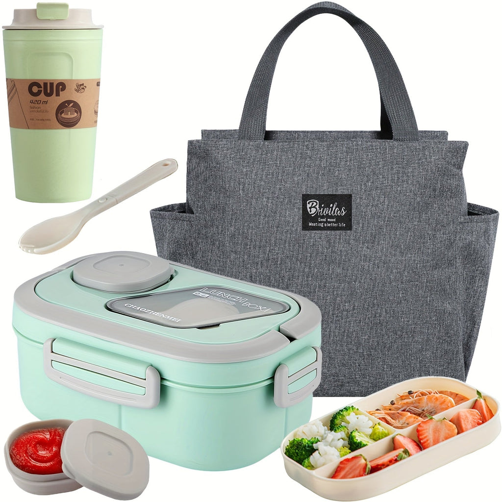 2-Layer Bento Lunch Box Set with Cup and Meal Bag - Multi-Grid Lunch Box for School, Office & Outdoor Picnics, Food Storage Container with Milk Cup, Salad Cup, Coffee Cup or Soup Bowl, Pink Blue Green White