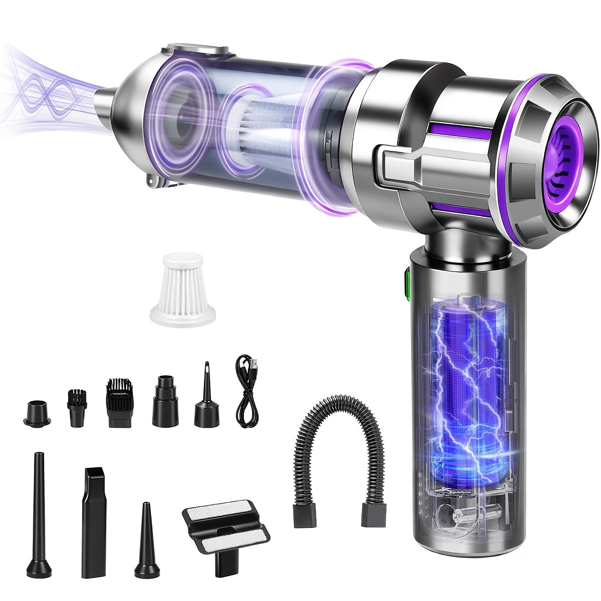 25000PA Handheld Cordless Car Vacuum Cleaner 9-in-1 Rechargeable Brushless Motor Washable Filter Low Noise with Multiple Attachments for Car Home Pet Office Purple Black