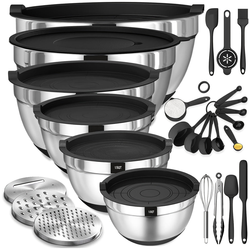 Mixing Bowls Set with Airtight Lids ¨C 26pcs Stainless Steel Bowl Set with 3 Grater Attachments, Non-Slip Bottoms, Sizes 1¨C7QT ¨C Kitchen Bowls for Mixing, Serving, Baking & Meal Prep