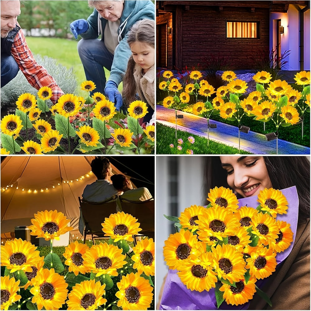 Solar Sunflower Garden Stake Lights 4 Pack | 12 Lifelike LED Flowers IP44 Waterproof Auto On Off | Floral Path Lighting for Patio Yard Porch with 8 Clip-On Butterfly Accessories