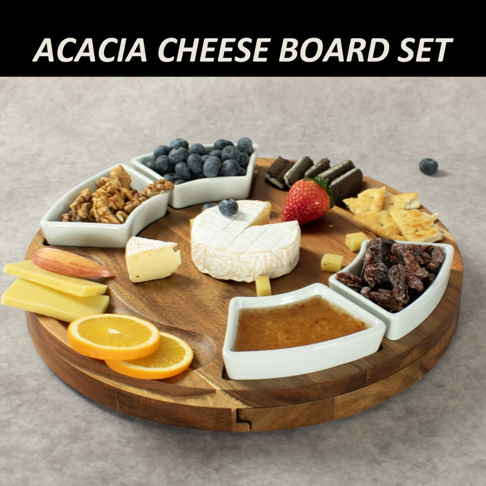 Acacia Wood Charcuterie Board Set Circular Cheese Board with Drawer Knife Set & Ceramic Bowls | Premium Serving Platter Gift Set for Housewarming Bridal Shower Wedding Birthday Women 13x13 Inch