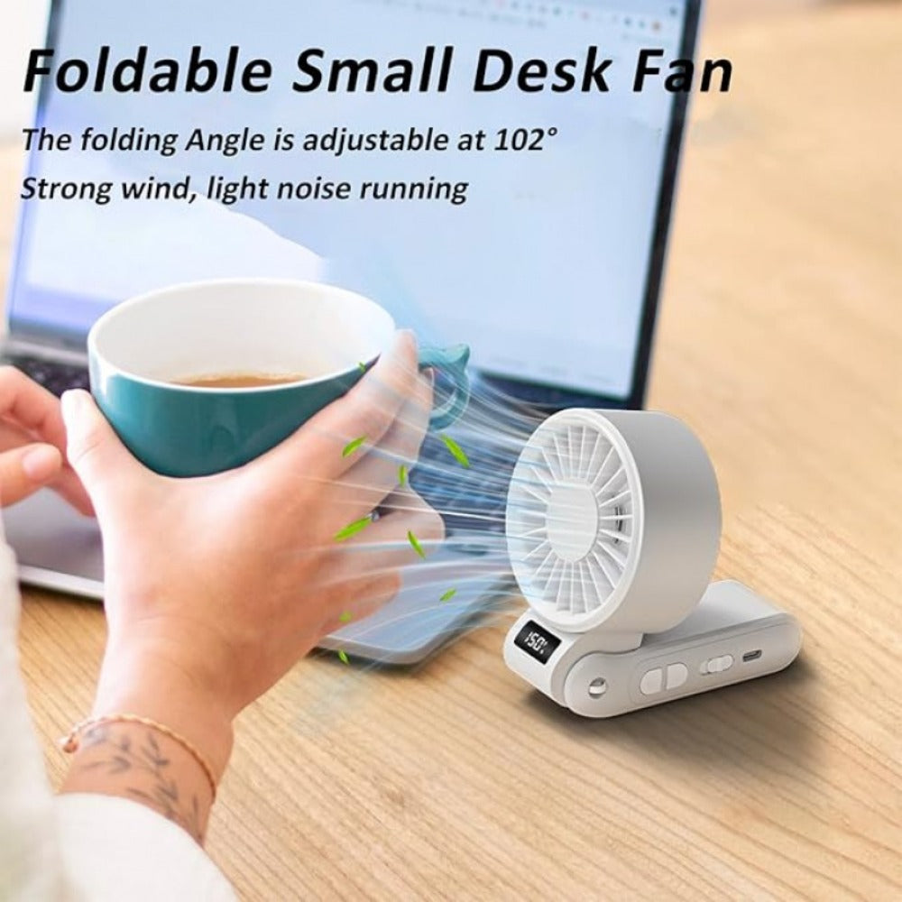 Handheld Fan USB-C Rechargeable 150-Speed Stepless Adjustable Turbo Fan LED Display Foldable Wearable Neck Desk Fan for Outdoor Travel Office Camping Black White Yellow