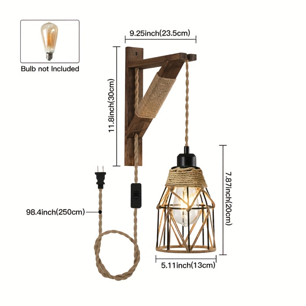 Plug In Wall Sconces Set of 2 or 1 ¨C Rustic Farmhouse Wall Lamp with Metal Cage & Wooden Bracket, Plug-Into-Outlet Hanging Light for Bedroom, Living Room & Headboard