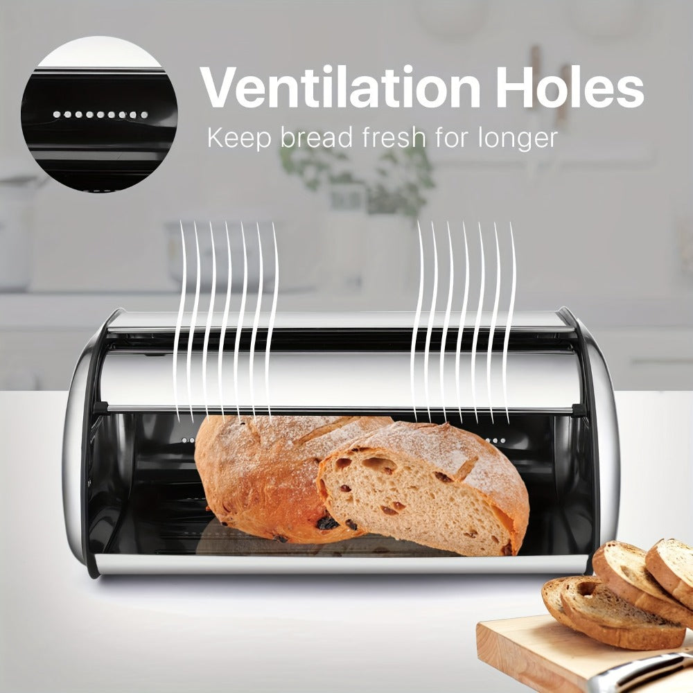 Stainless Steel Roll Top Bread Box 13 Inch - Countertop Bread Storage Container with Lid, Keeps Bread Fresh & Insect-Free, Holds Large Loaves, Bagels, Muffins