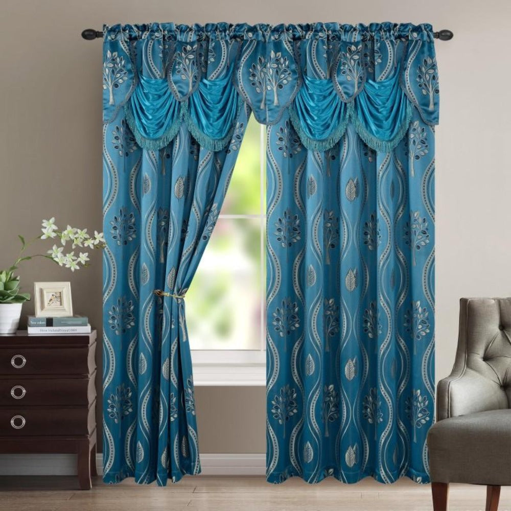 Blackout Curtains 2 Panels 54x84 Inch | Jacquard Room Darkening Rod Pocket Curtain Set with Attached Waterfall Valance | Machine Washable Window Drapes for Living Room Bedroom Home Office Study