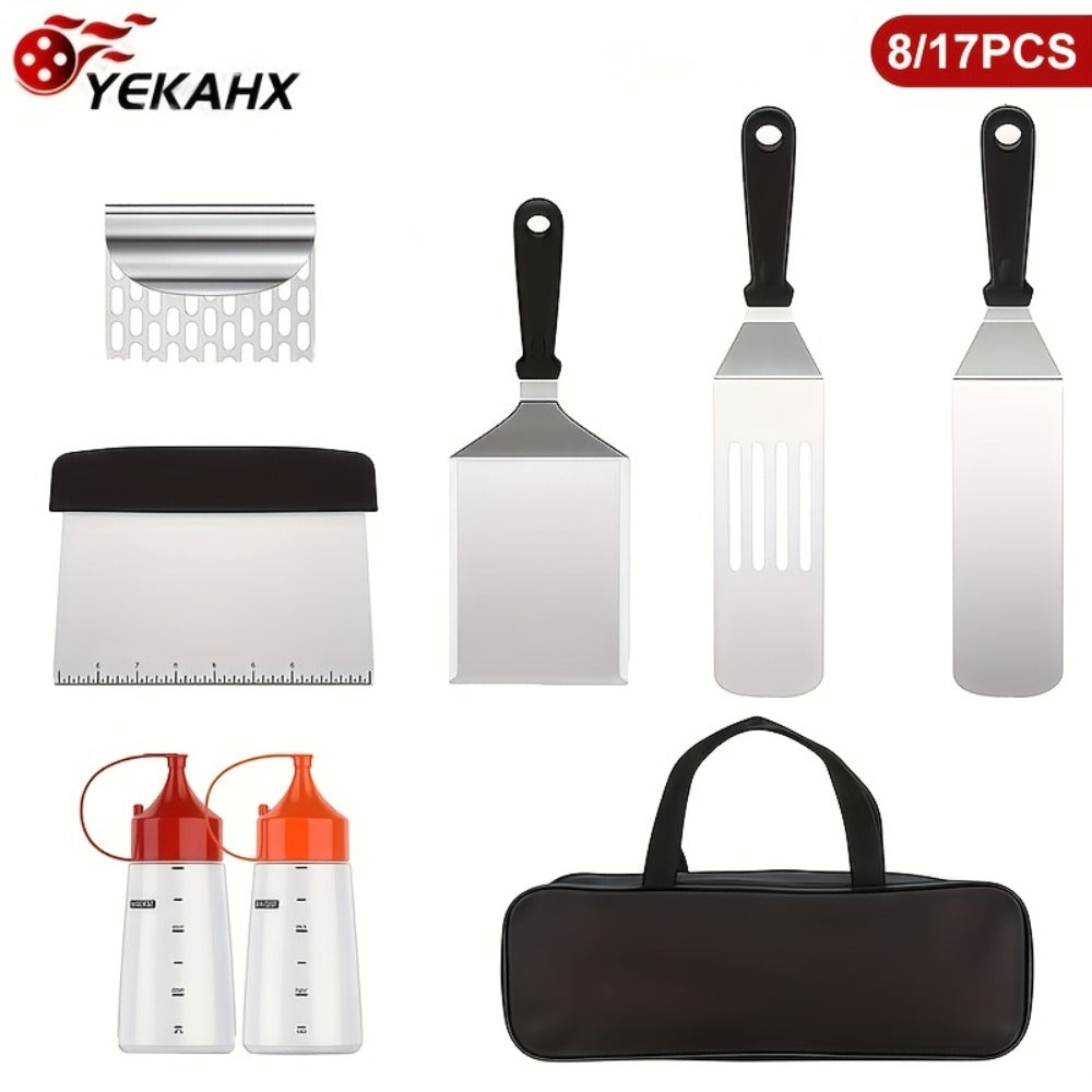 BBQ Grill Tool Set 8/17pcs ¨C Teppanyaki Meat Press & Barbecue Accessories for Outdoor Camping, Kitchen & Parties