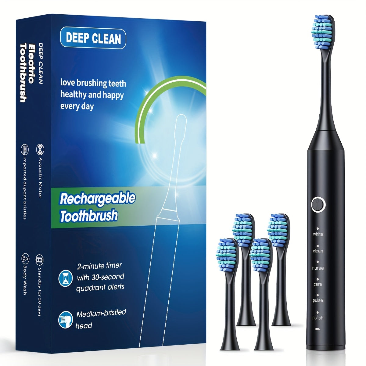 Rechargeable Toothbrush ¨C 6 Cleaning Modes, 500mAh Lithium Battery, USB Charging, Soft Bristles, 4 or 8 Brush Heads, Black White Pink Electric Toothbrush for Adults Deep Clean & Whitening