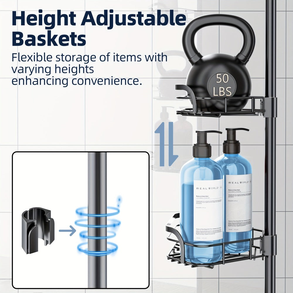 Corner Shower Caddy Tension Pole No Drilling Shower Organizer Shelf with Hooks for Bathroom Bathtub Shampoo Soap Storage Adjustable Height Rustproof