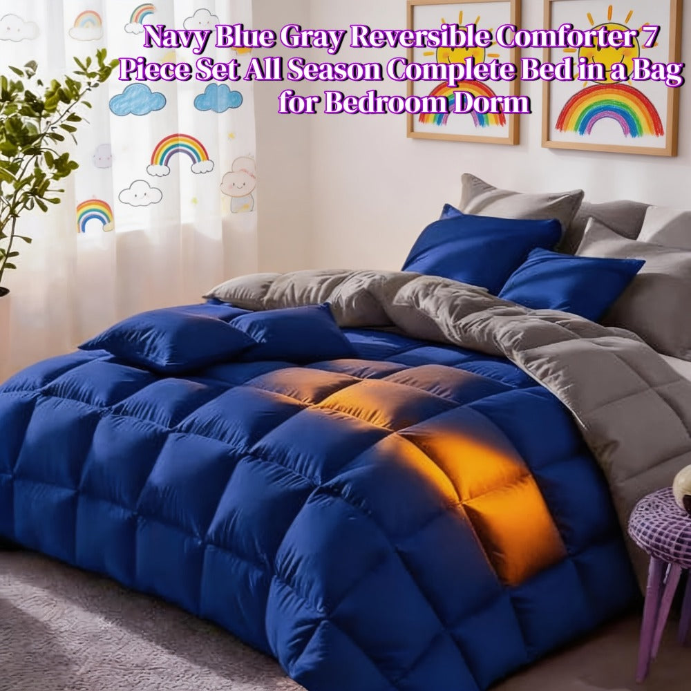 Comforter Set 7 Piece Bed in a Bag Full Queen King Soft Satin-Like Fabric with Fitted Sheet Flat Sheet Pillowcases Breathable Bedding Set for Bedroom Hotel
