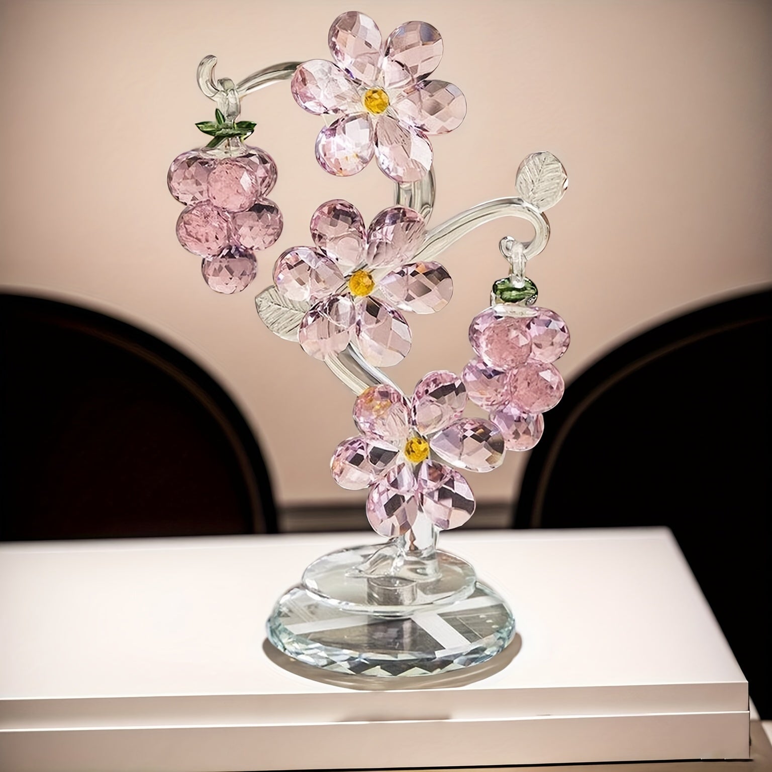 Pink Crystal Tree Statue Ornament - Romantic Crystal Flower Sculpture with Rotatable Base | Elegant Home Decor Gift for Valentine's Day, Wedding, Christmas & Mother's Day | Luxury Crystal Tree Decor