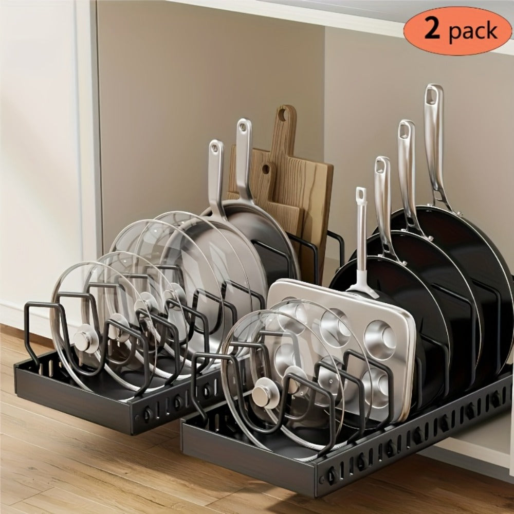 Pull Out Pot Lid Organizer Rack 2pcs Under Cabinet Pots and Pans Organizer, 8 Adjustable Dividers Slide Out Kitchen Cabinet Cookware Baking Sheet Holder, Drill-Free Easy Install