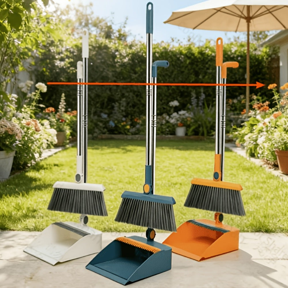 3-in-1 Magnetic Broom Dustpan and Garbage Bag Set Rotatable Foldable Soft Bristle Non-Stick Pet Hair Broom for Hard Floors Space Saving Living Room Bedroom Bathroom Outdoor White Orange