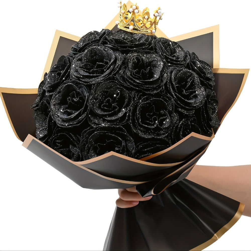 Artificial Rose Bouquet 24 Glitter Roses with 6 Golden Butterflies, Everlasting Shiny Fake Flower Bouquet for Wedding, Anniversary, Engagement & Home Decor | Purple, Red, Pink, Blue