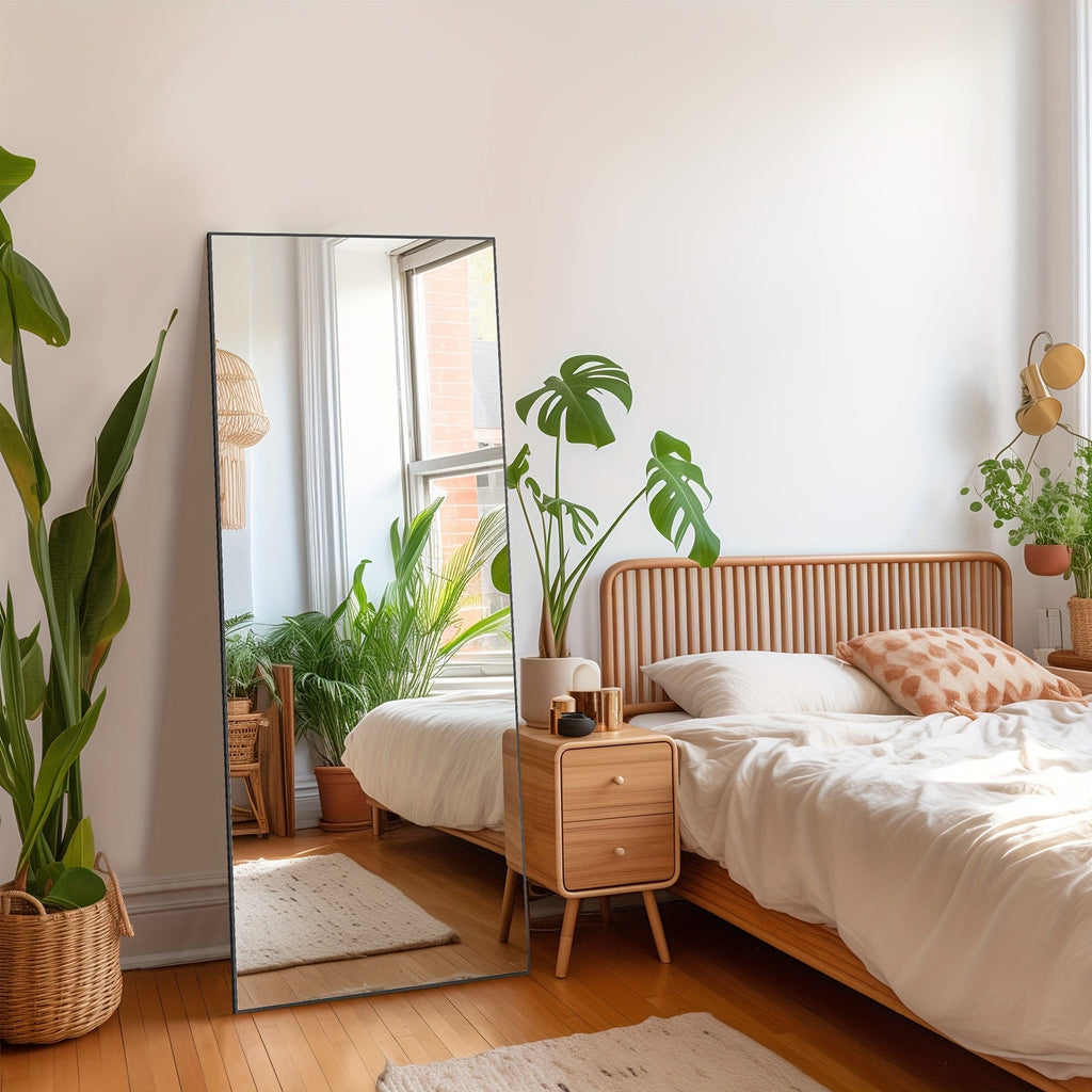 Full Length Floor Mirror with Stand ¨C Arched & Rectangular Full Body Mirror, Aluminum Alloy Frame, Shatter-Proof Nano Glass, Bedroom Living Room Cloakroom Wall Leaning Mirror