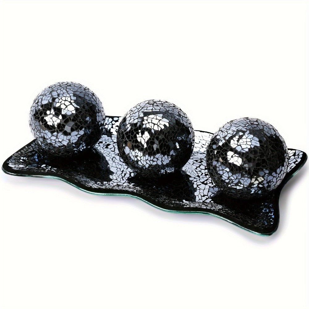Decorative Glass Balls for Bowls 3 Inch Set of 3 with Glass Tray, Bowl Fillers Centerpiece Table Decorations for Home Decor Living Room Dining Coffee Table, Silver Black Gold Green