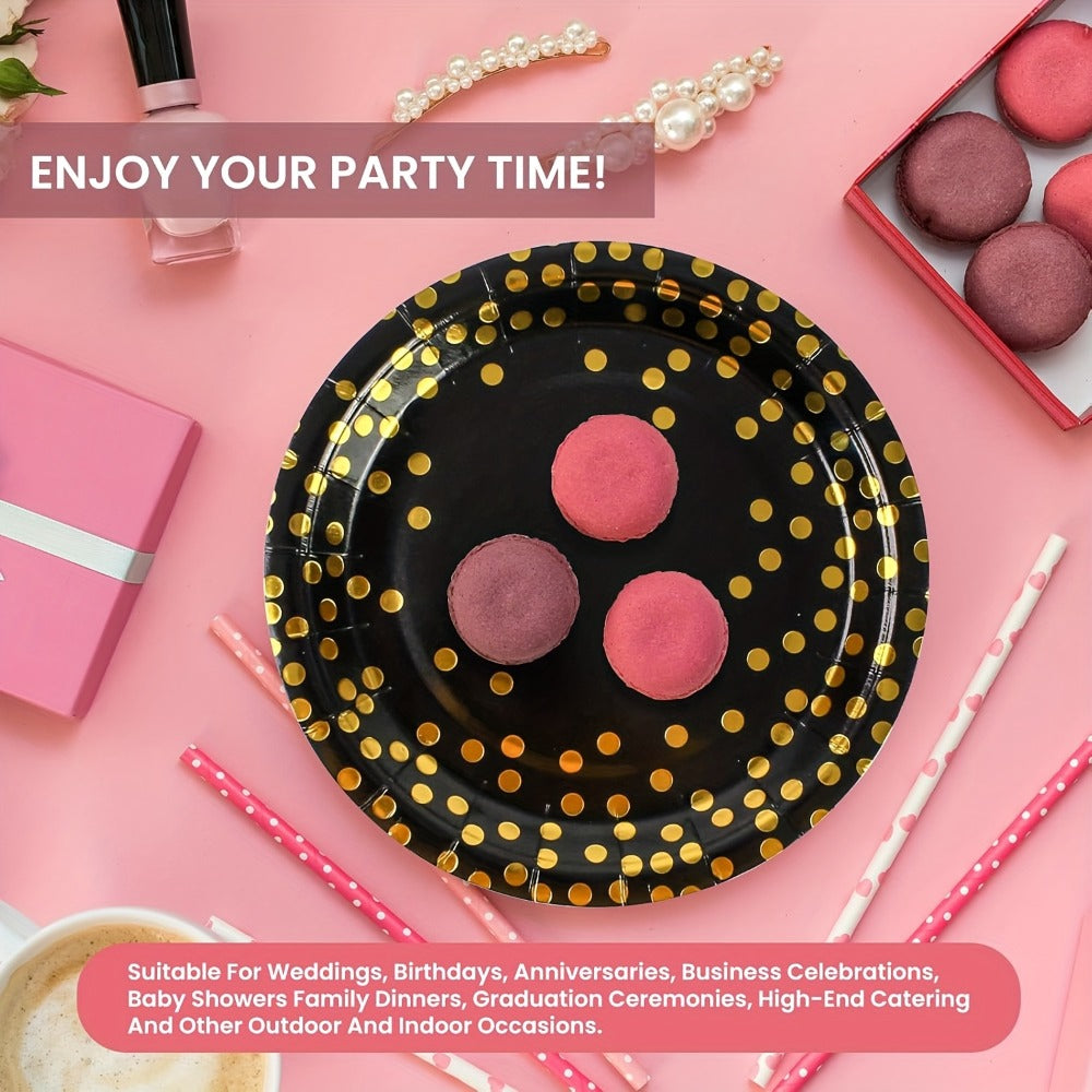 Disposable Party Supplies Set 150 Piece Black and Gold - Paper Plates, Napkins & Forks for 50 Guests, Elegant Tableware for Birthday, Wedding, Graduation & Holiday Celebrations