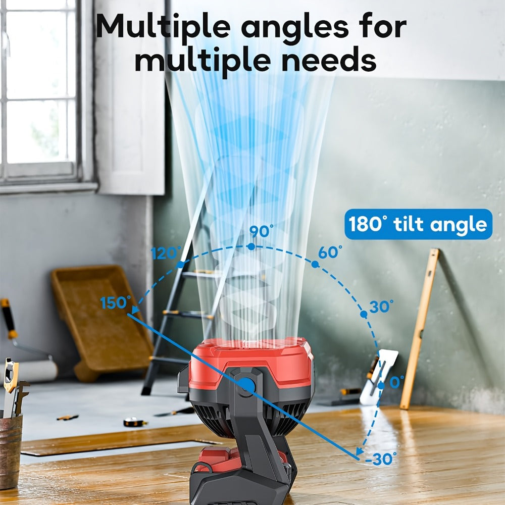 18V Battery Operated Cordless Fan Compatible with Milwaukee M18 Red Battery LED Light Variable Speed 180 Degree Tilt Hook for Hanging Camping Job Site Fan Red Battery Not Included