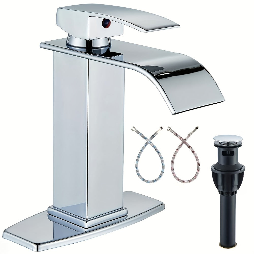 Waterfall Bathroom Faucet Single Handle - Modern Sink Faucet with Valve, Chrome & Matte Black & Brushed Nickel & Brushed Gold Finish, 1 or 3-Hole Deck Mount, G9/16 Threads, Water Supply Lines Included