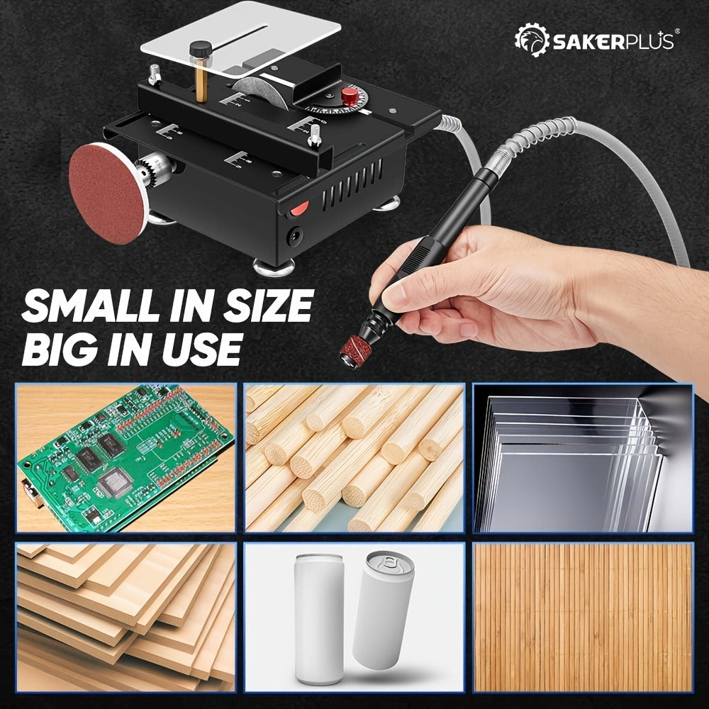 100W Electric Mini Table Saw with Woodworking Pen Set, 7-Speed & Angle Adjustable, 16mm Max Cutting Depth, Precision Crafts Model Making DIY Jewelry Home Projects, Great Gift for Men & Beginners
