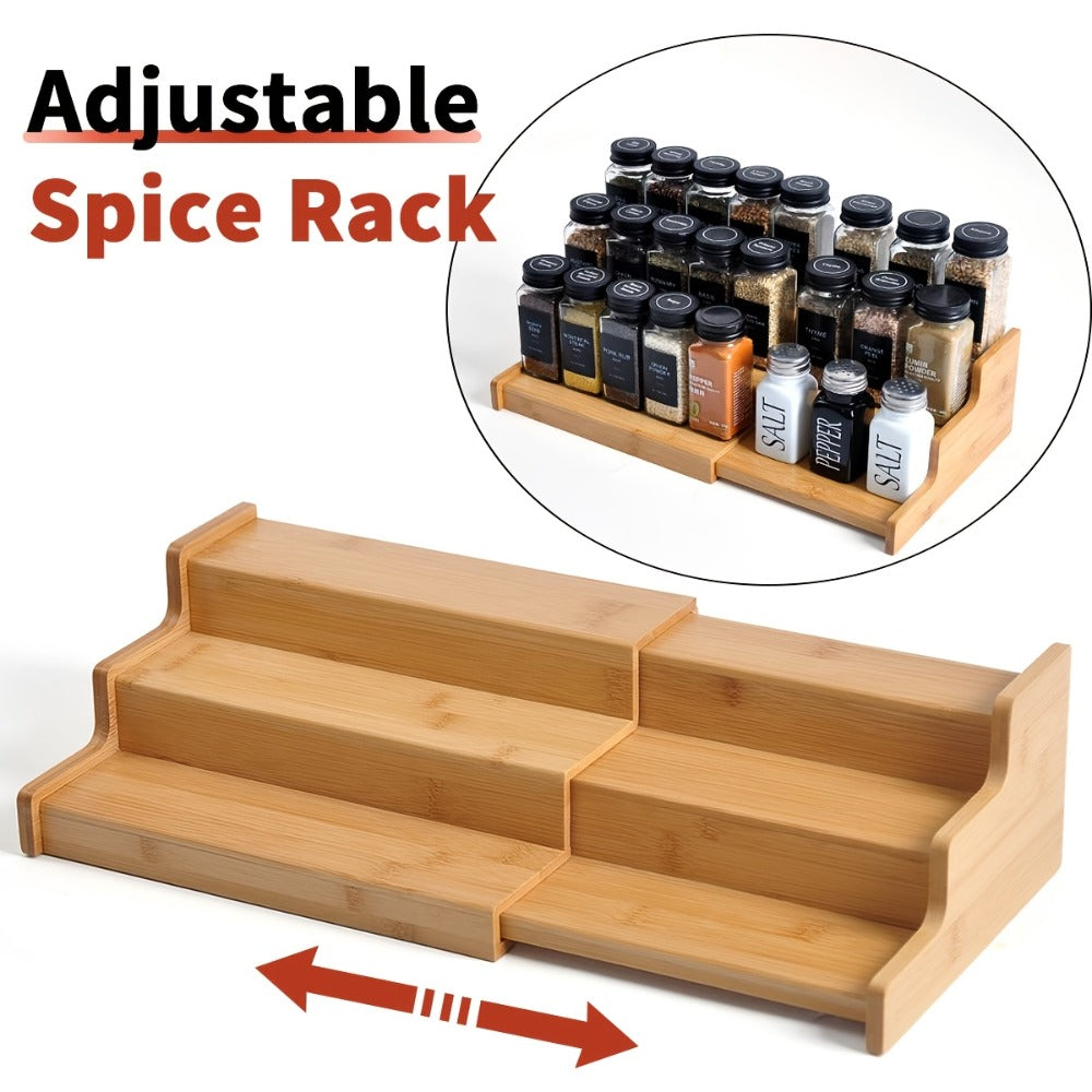 Bamboo Spice Rack Expandable 3-Tier Ladder Rack for Kitchen Cabinet Countertop Storage Organizer Pantry Shelf Display Stand for Spices Jars Bottles