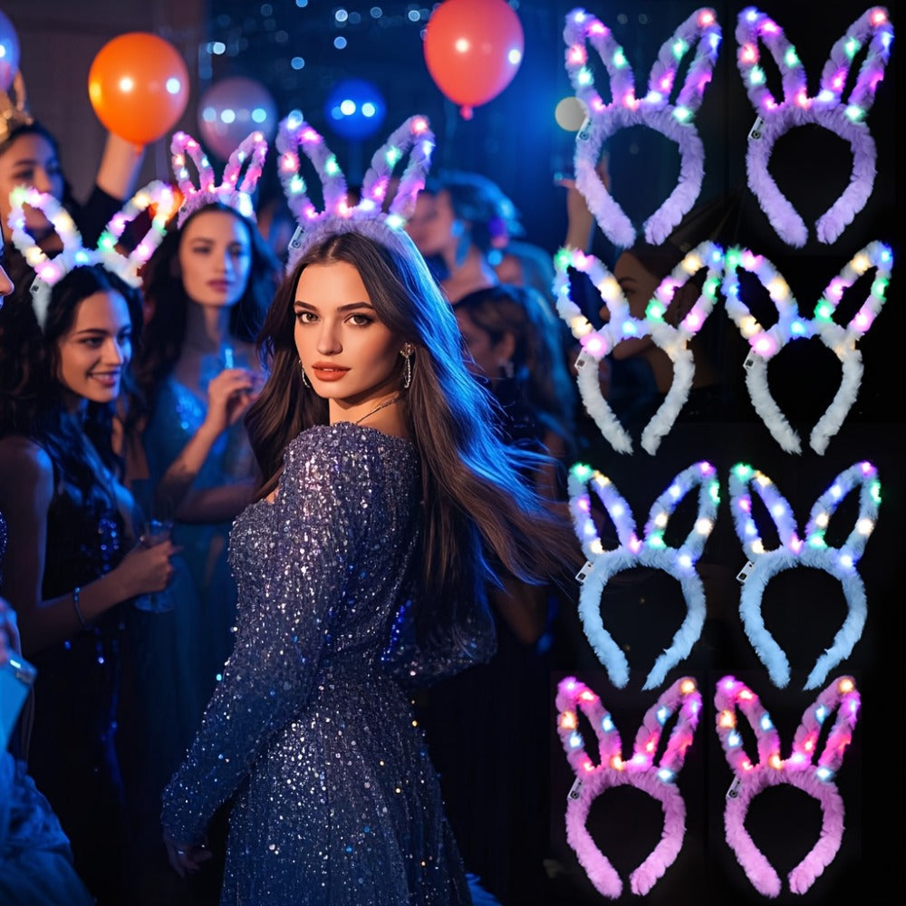 LED Bunny Ear Headbands 25-Pack | Glowing Light Up Rabbit Ears with 3 Flashing Modes for Party Halloween Christmas Weddings Concerts Cosplay Photo Props Unisex Adult