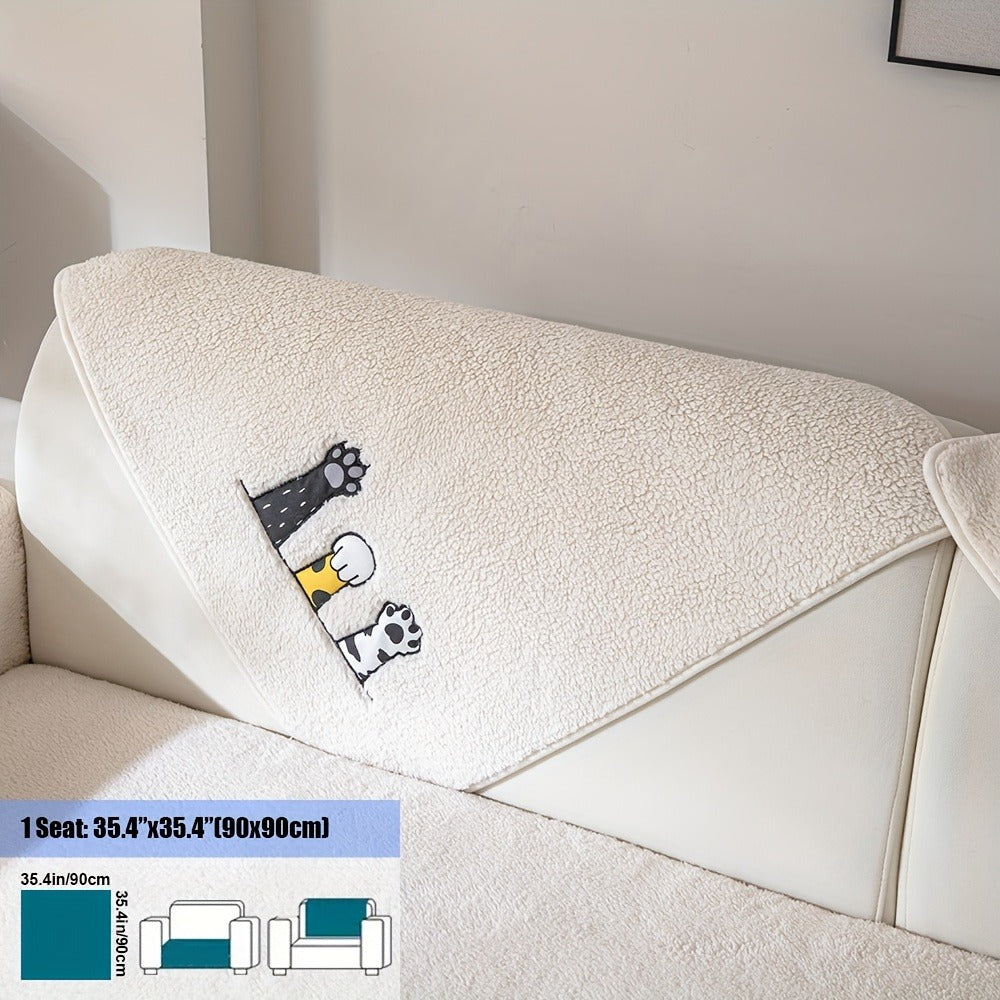 Sherpa Sofa Cover Cat Paw Embroidered Thick Plush Couch Slipcover Non-Slip Seat Cushion Protector Pet-Friendly Machine Washable Furniture Cover for Living Room Home Decor