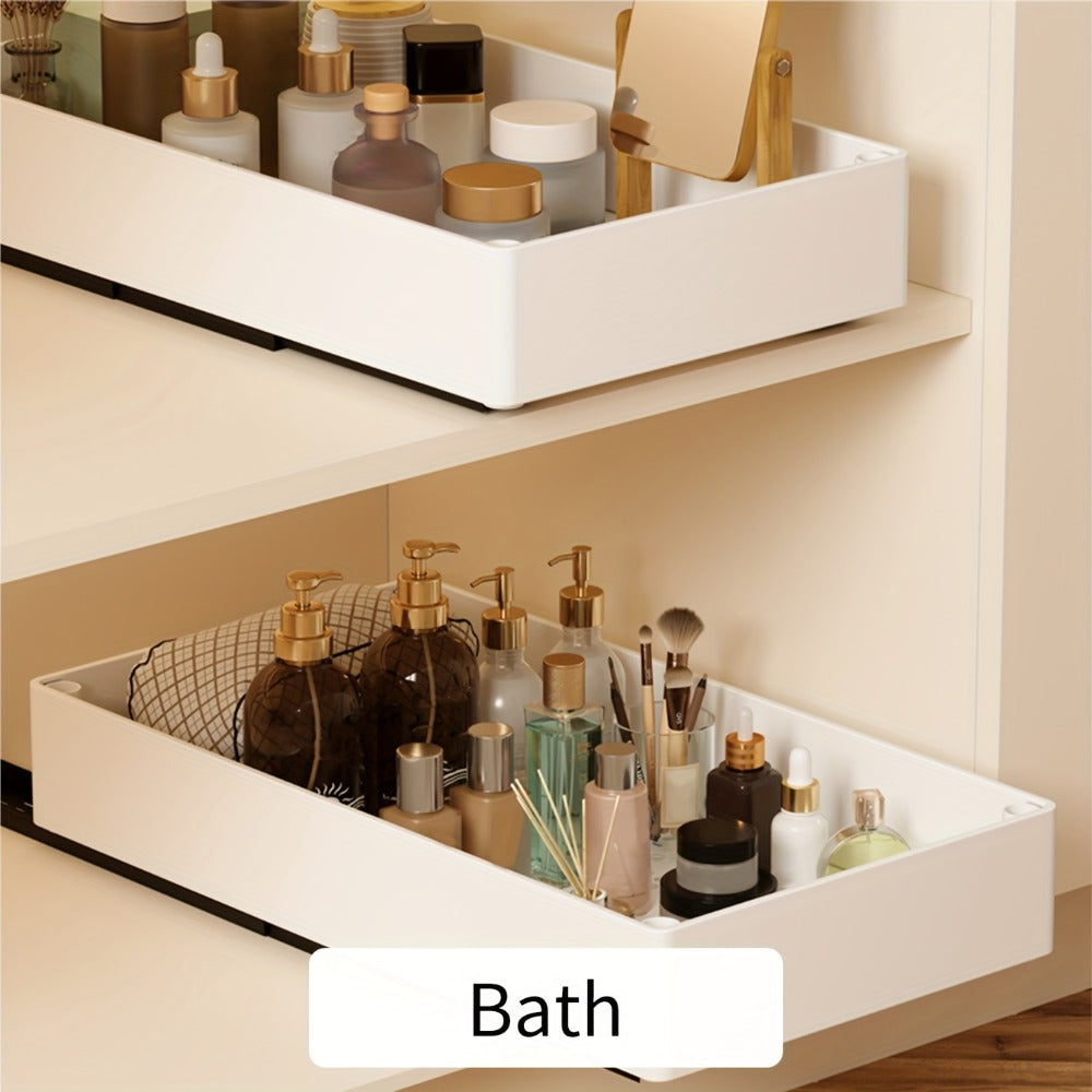 Pull-Out Cabinet Organizer 2-Pack Retractable Slide-Out Storage Bins No Drill Removable Kitchen Pantry Bathroom Shelf Organizer Boho Style Plastic Drawer Basket