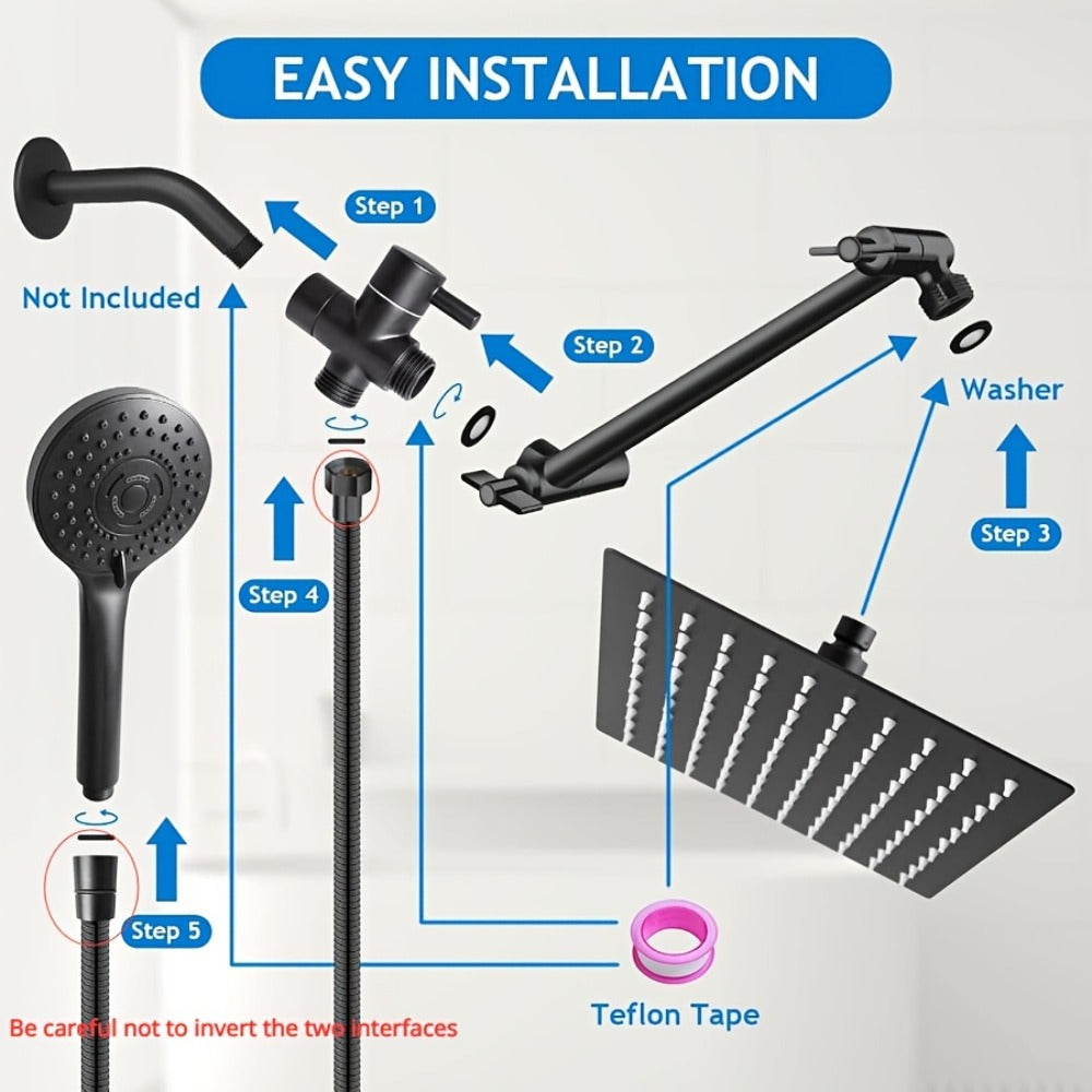 High Pressure Rainfall Shower Head Handheld Combo 4-Spray Modes 10 12 Inch Adjustable Extension Arm 78-Inch Hose Adhesive Holder Wall Mount Chrome Black Bathroom