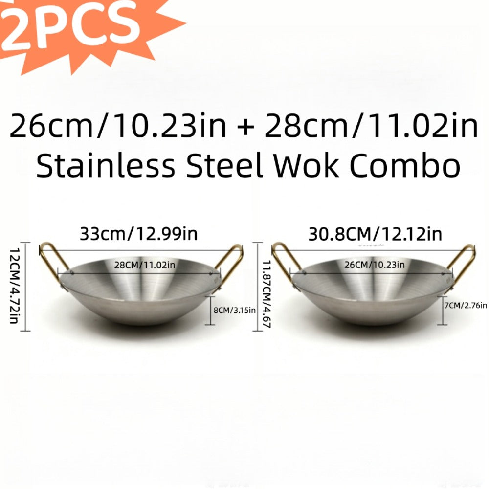 Stainless Steel Wok Set 2pcs 10in + 11in | Heavy Duty Non-Stick Frying Pan with Stainless Steel Handle ¨C Dishwasher Safe Cookware for Home Kitchen & Outdoor Cooking