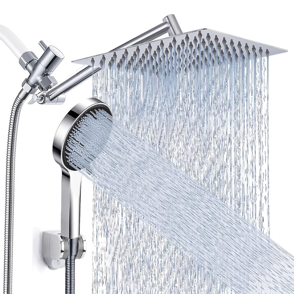 High Pressure Rainfall Handheld Shower Head Combo, 11-Inch Extension Arm, 9 Settings, 180¡ã Adjustable, Anti-Leak with Holder, Chrome & Matte Black, 8/10/12 Inch