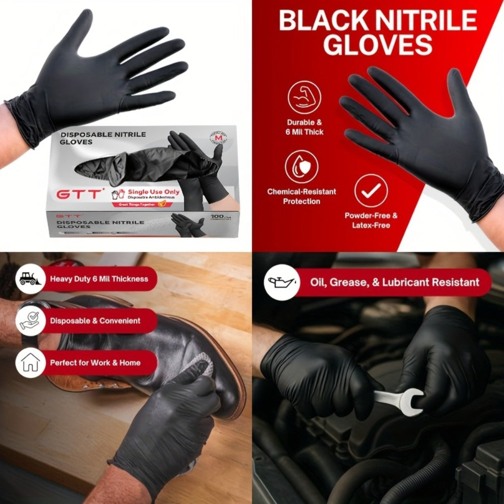 Nitrile Disposable Gloves 200 Count, Black Latex-Free Powder-Free Exam Gloves, Touchscreen Compatible, Chemical Resistant, Flexible Form-Fitting for Kitchen Automotive Industrial Medical Use, S M L XL