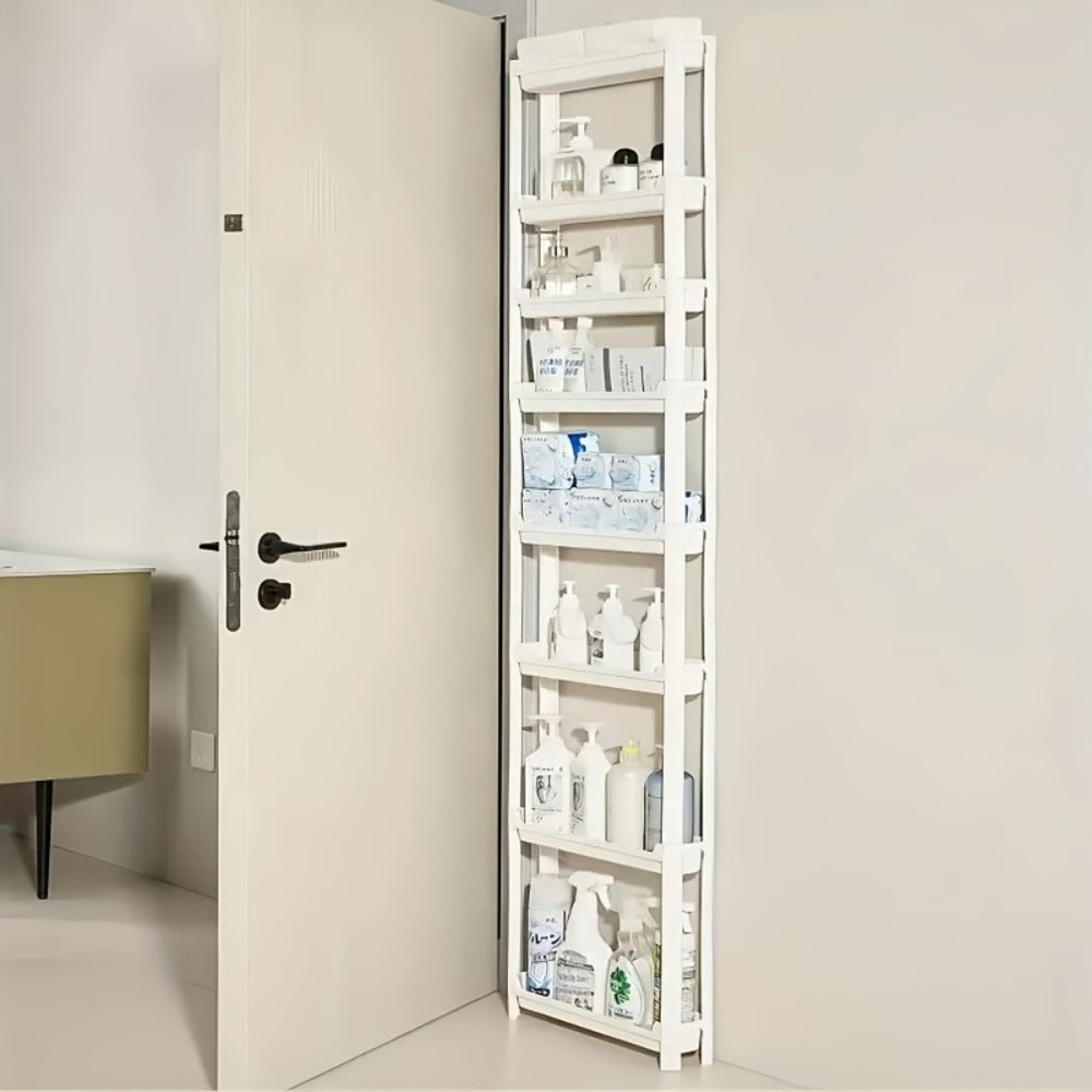 Behind Door Storage Rack, Multi-Layer Slim Organizer for Bathroom & Kitchen, Space Saving Over Door Shelf, Narrow Cabinet Rack with Fixed Hook, Plastic Stackable Storage