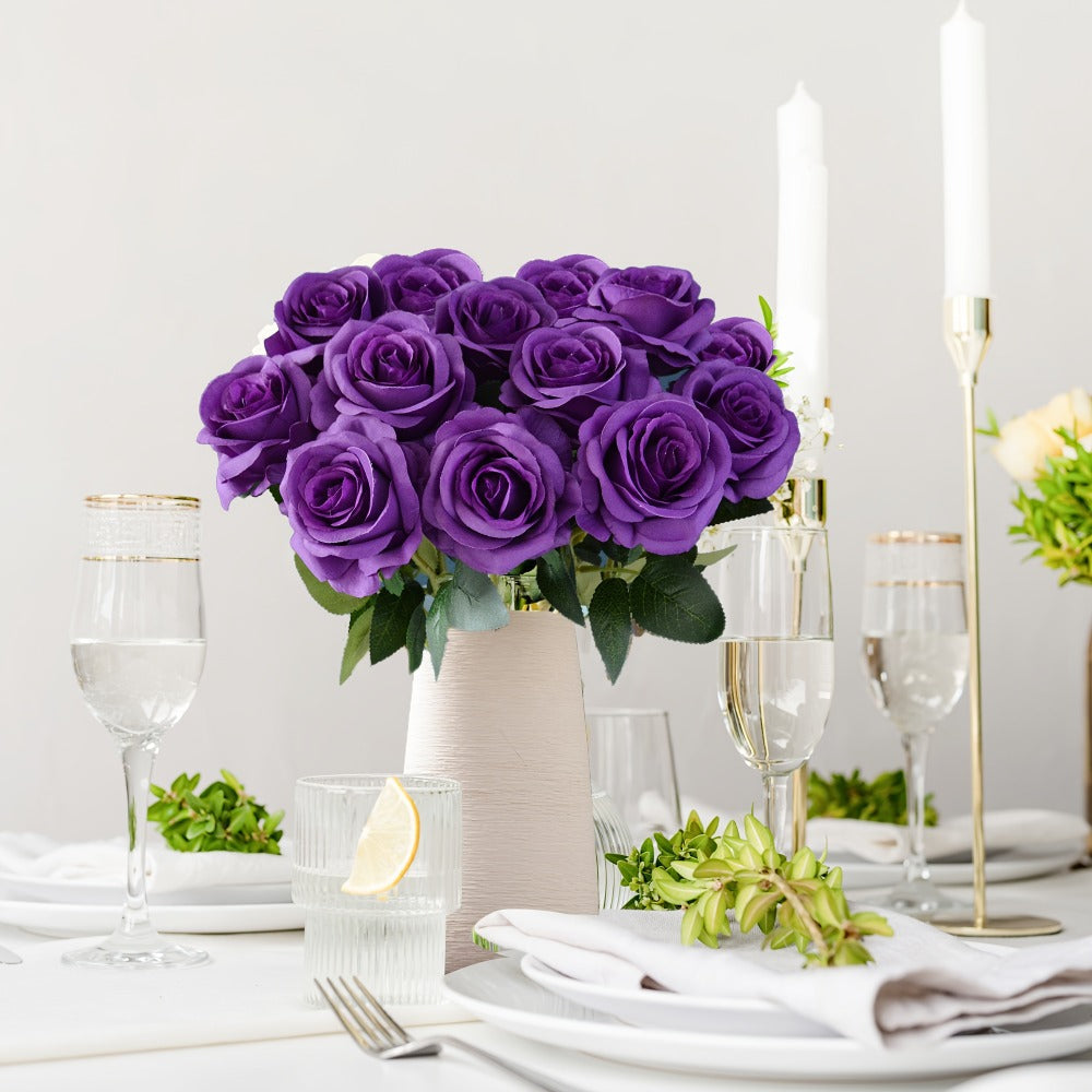 10pcs Artificial Silk Roses Bulk - Fake Flowers for Wedding Home Decor, 19.69¡± Long Stem, Deep Purple & Dark Green