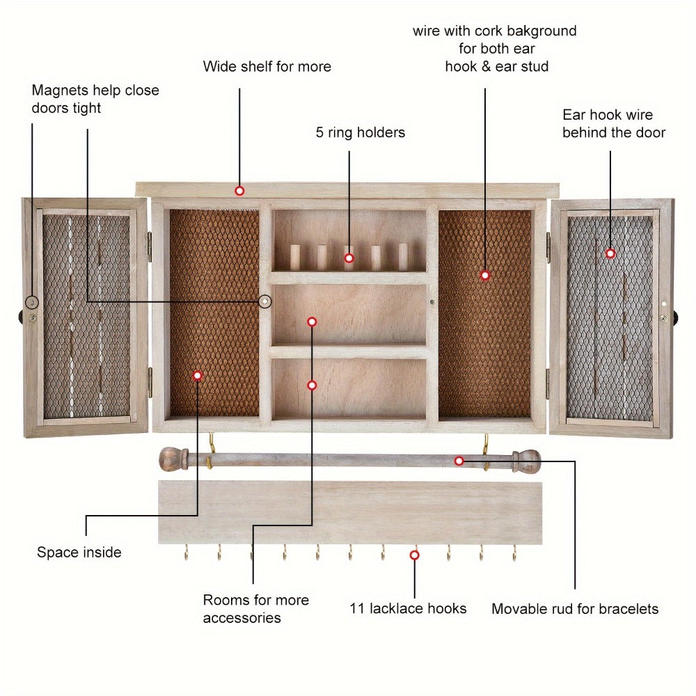 Wall-Mounted Wood Jewelry Organizer ¨C Rustic Hanging Display Shelf with Removable Bracelet Rod & Hooks for Necklaces, Rings & Bracelets, Space-Saving Dressing Room Decor