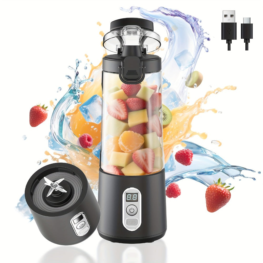 Portable Smoothie Blender USB-C Fast Charge 6-Blade Stainless Steel ¨C Digital Timer Battery Display High-Speed Ice Crush No-Spill Lid | Protein Shake Gym Travel Blender in Black Pink White
