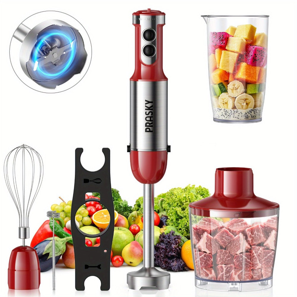 Immersion Blender 5-in-1 Handheld Mixer | Heavy Duty Motor | Whisk Meat Chopper Measuring Cup Attachments | Stick Blender for Soups Smoothies Sauces | Kitchen Hand Blender Red Black