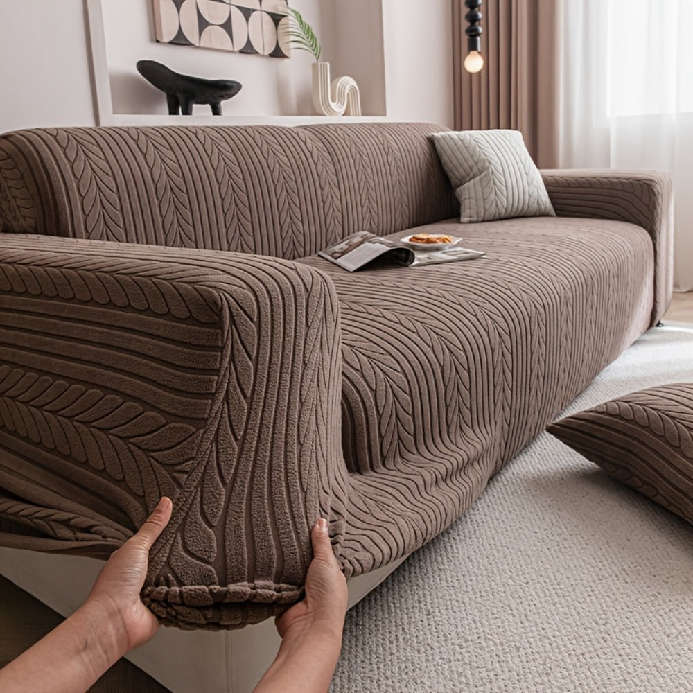 Couch Cover Full Coverage Elastic Velvet Jacquard Sofa Slipcover with Pillowcase - Non-Slip Thick Soft Pet Friendly Machine Washable Fits 1 2 3 4 Seater Living Room Bedroom