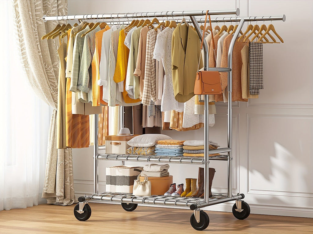 Heavy Duty Clothes Rack 630lbs Double Rod Rolling Garment Rack with Wheels Adjustable Height Width Freestanding Portable Clothing Stand with Bottom Shelves for Bedroom Closet Laundry Room Silver