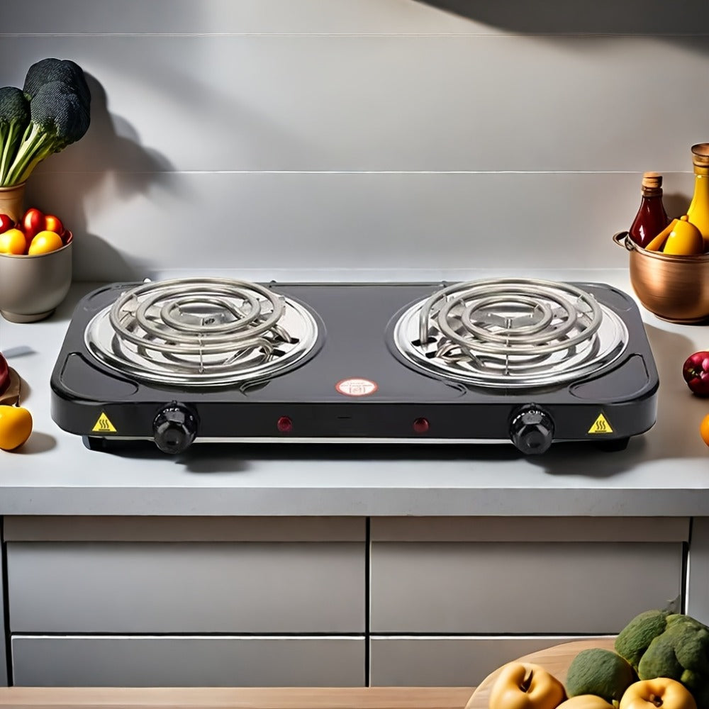 Portable Electric Stove Tabletop Double Burner ¨C Adjustable Rotary Temperature Control, Compact Electric Charcoal Heater for Home, Office, Dorm, Camping, Milk & Coffee Heating, Black
