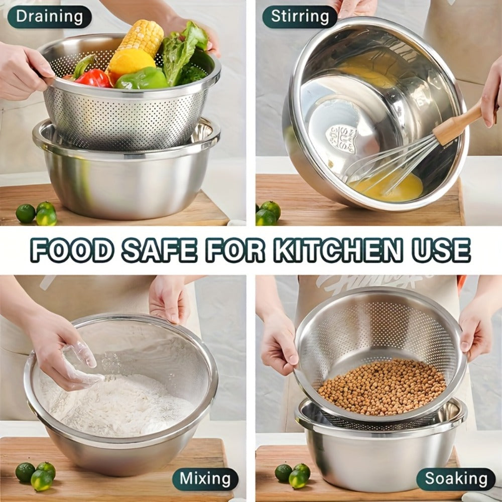Stainless Steel Colander with Mixing Bowl Set 304 Food Grade Strainer Bowl for Washing Vegetables Fruit Rice Dishwasher Safe Kitchen Colander Sieve Multiple Sizes
