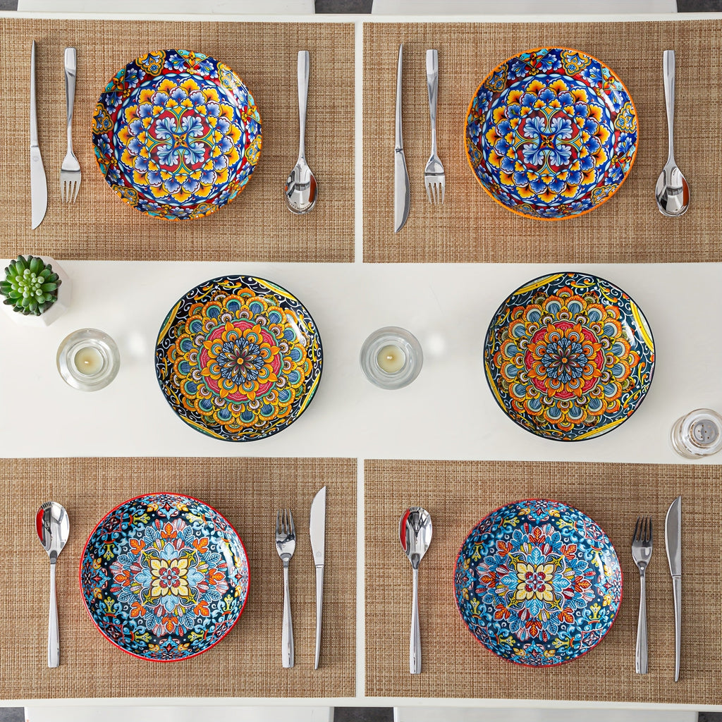 Bohemian Pasta Bowls Set of 6 | 32 Oz Porcelain, Floral Pattern, Microwave & Dishwasher Safe ¨C VANCASSO