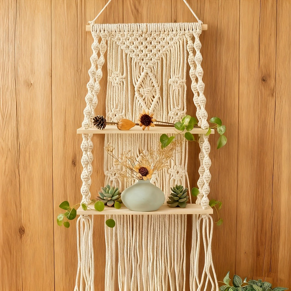 Macrame Wall Hanging with Tassel, Boho Woven Wall Decor for Living Room Bedroom Balcony, Two-Layer Lace Plant Hanger for Photo Frames & Small Plants ¨C Bohemian Home Decor Wall Art