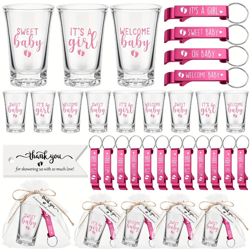 Baby Shower Party Favors 96pcs for 24 Guests - Shot Glasses Bottle Openers Thank You Tags Organza Bags Pink Gender Reveal Return Gifts Boy Girl Shower Prize Set