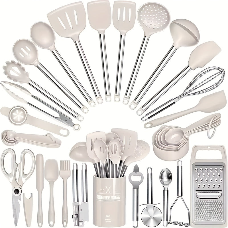 Silicone Cooking Utensils Set 34 Piece with Stainless Steel Handle, Heat Resistant Kitchen Gadgets Tools for Nonstick Cookware, Spatulas Spoons Tongs Whisk Complete Kitchen Accessories Gift Set