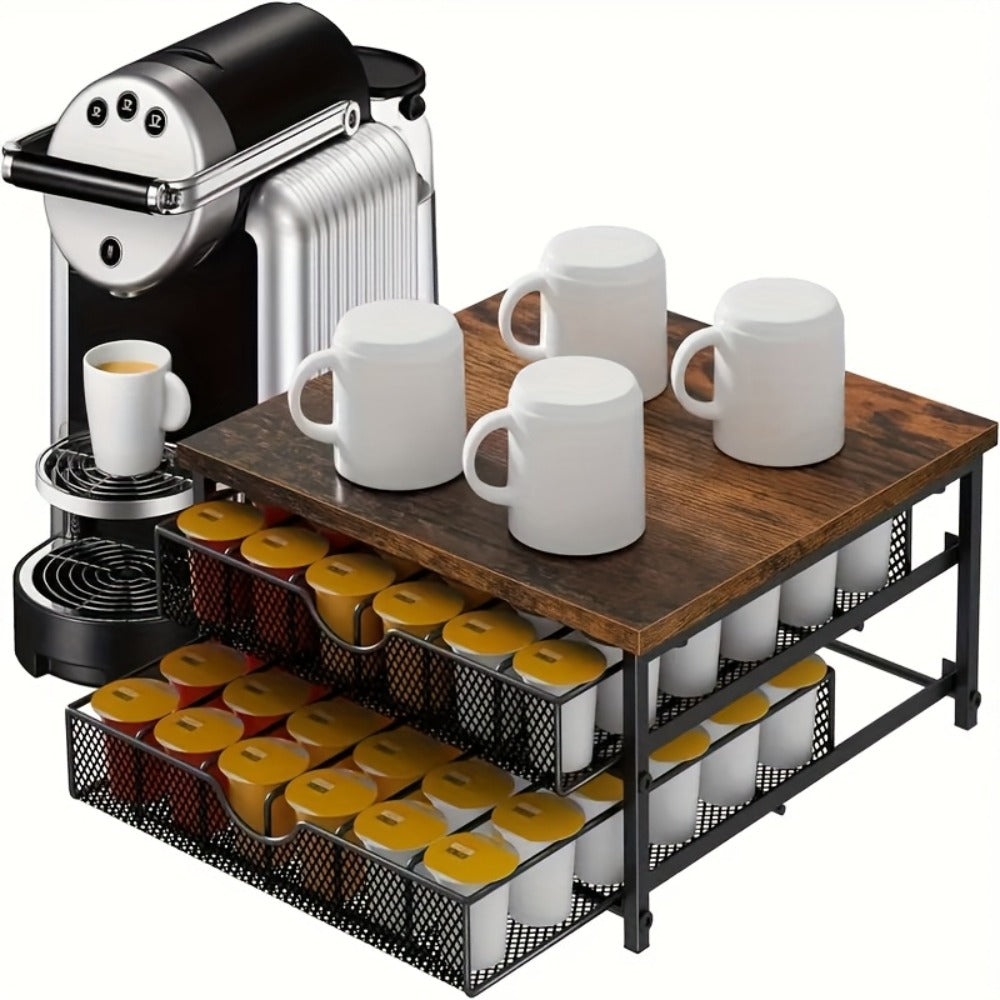 Coffee Pod Holder K-Cup Storage Drawer with Sliding Basket | 48-Capsule Double Layer Coffee Capsule Organizer for Countertop | Compatible with Nespresso Keurig Pods | Brown Coffee Bar Accessory