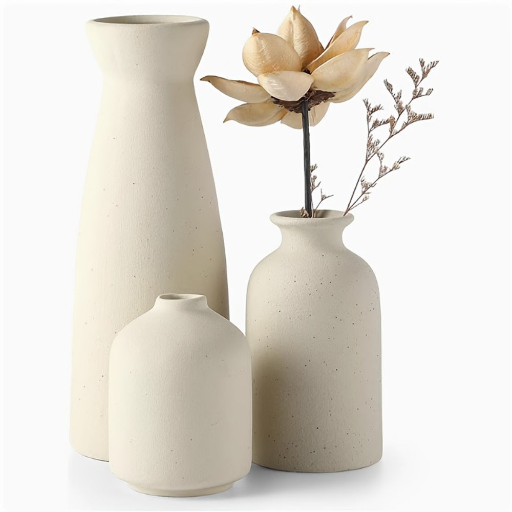 Boho Ceramic Vase Set 3pcs - Matte Nordic Minimalist Geometric Floral Design for Home Decor, Living Room, Entryway, Bookshelf & Bathroom Vanity, Modern Bohemian Decorative Vases, Holiday Gift
