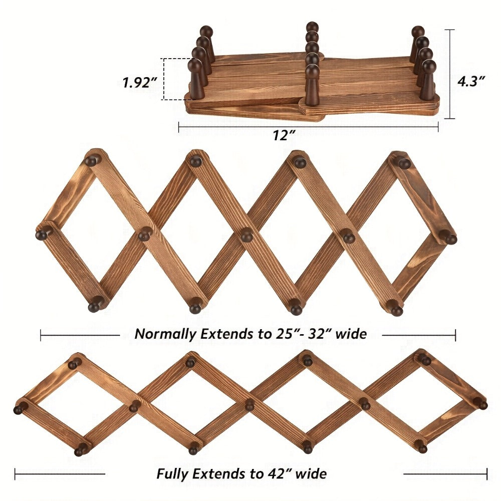 Wall Hat Rack Expandable Wood Accordion Hanger - 13 Hooks for Baseball Caps Coats Scarves Jewelry, Vintage Entryway Hallway Organizer