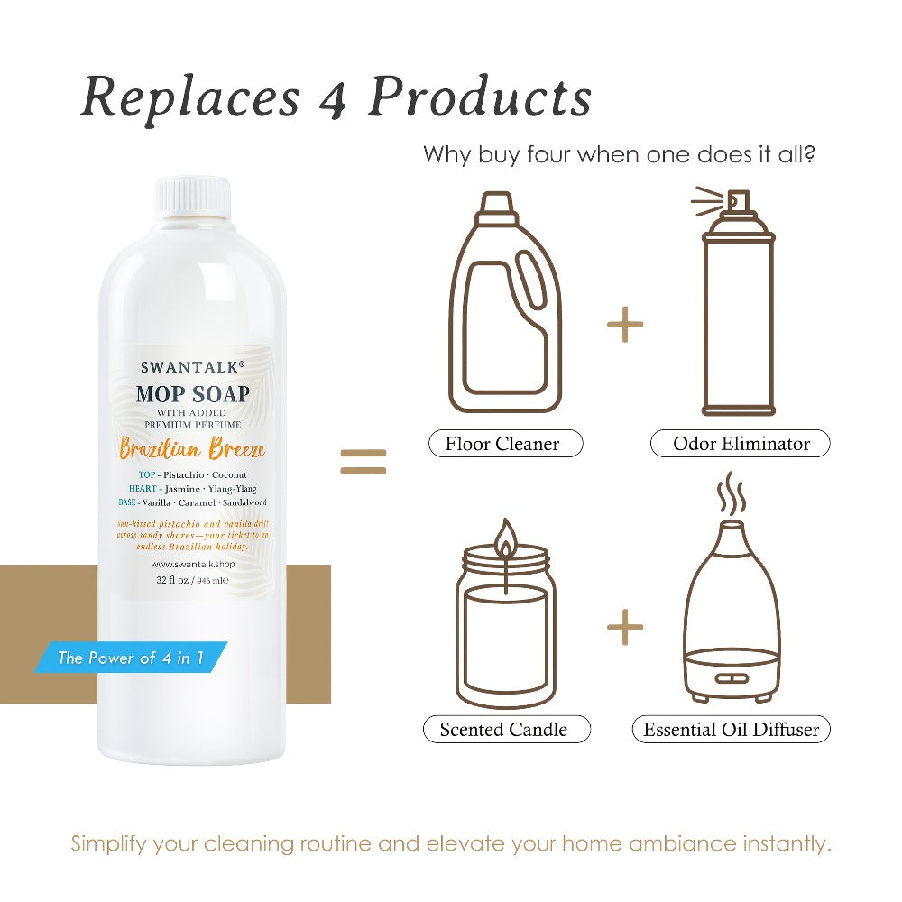 Concentrated Floor Cleaner 4X Formula 32 fl oz, SWANTALK Mop Soap Multi-Surface Streak-Free Floor Wash, Perfume-Inspired Deodorizing Cleaner, Pet Friendly ¨C Brazilian Breeze, Island Coconut, Pacific Linen