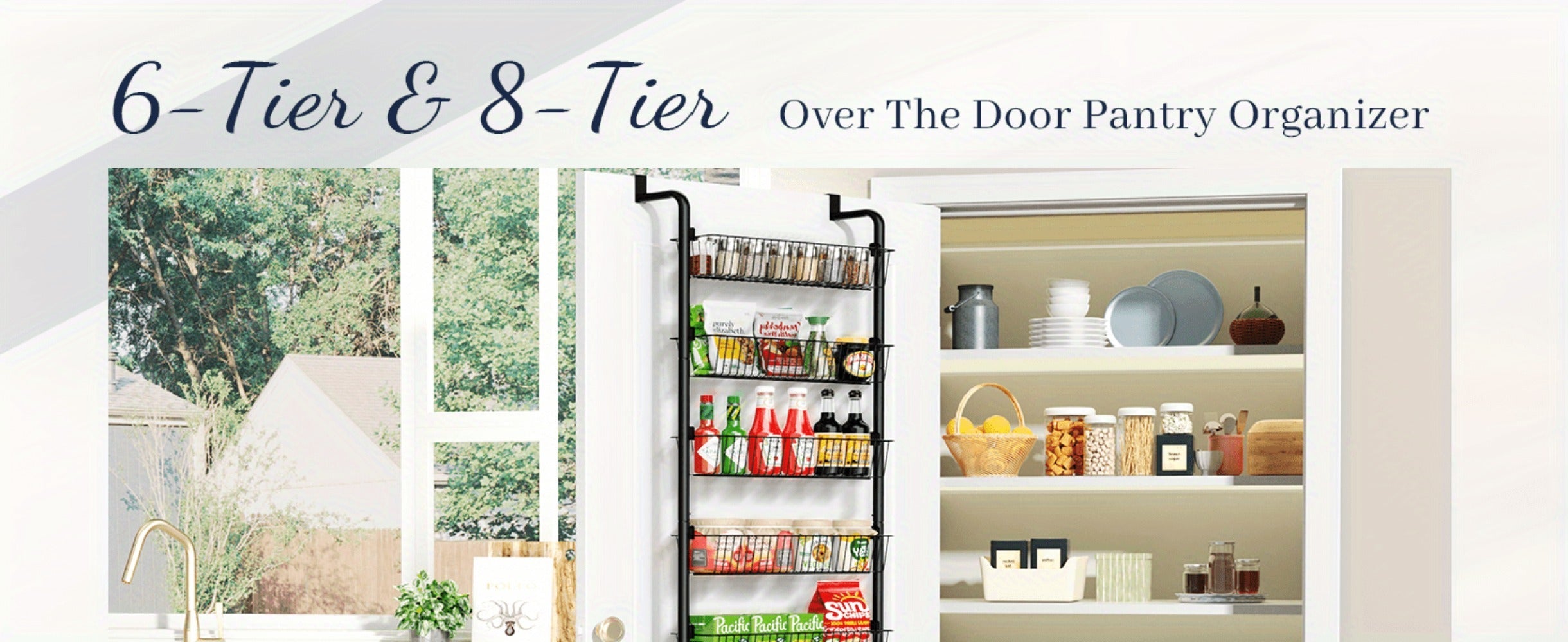 Over the Door Pantry Organizer 6-Tier & 8-Tier Metal Hanging Spice Rack | Back of Door Storage for Kitchen Pantry Laundry Bathroom | Versatile Door Mounted Seasoning Rack in Black & White